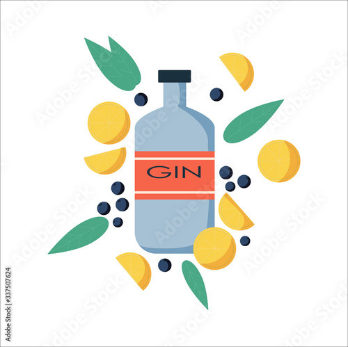 Vector Illustration of Gin Bottle. Vector image of an alcohol bottle in flat style. Distilled drink. Gin. Strong alcoholic drink for making cocktails. Appetizing school drink. Isolated vector image.