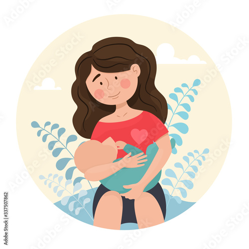 Woman mom breastfeeds the baby. Vector avatar in cartoon flat style. Mothers Day.