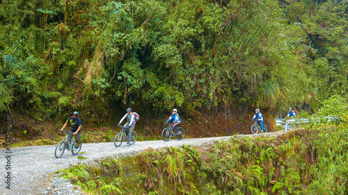 Bolivia cyclists on death road to Coroico