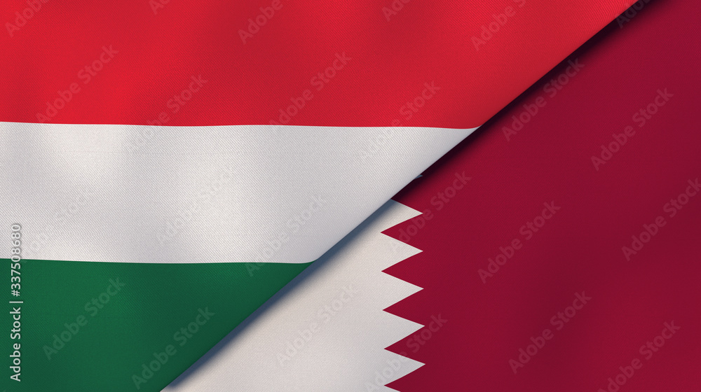 The flags of Hungary and Qatar. News, reportage, business background. 3d illustration
