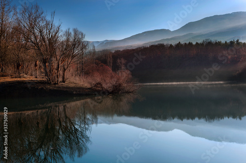 Mountain lake in the mountains of Crimea on a clear winter morning