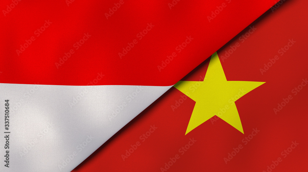 The flags of Indonesia and Vietnam. News, reportage, business background. 3d illustration