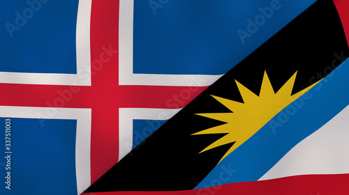 The flags of Iceland and Antigua and Barbuda. News, reportage, business background. 3d illustration photo