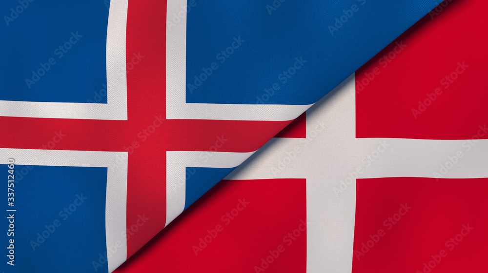 Fototapeta premium The flags of Iceland and Denmark. News, reportage, business background. 3d illustration