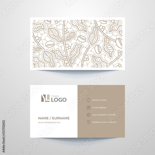 Business card layout with brown elements.