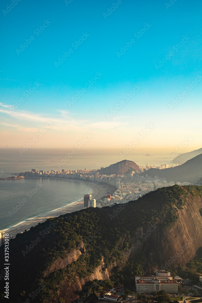 Aerial view of Rio de Janeiro city coast Copacabana, Urca and Corcovado beach at sunset - Rio de Janeiro, Brazil