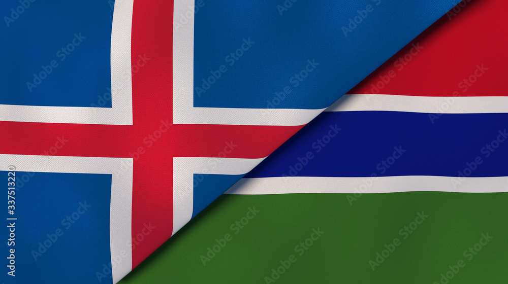 Fototapeta premium The flags of Iceland and Gambia. News, reportage, business background. 3d illustration