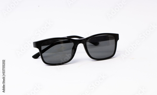 Black sunglasses with black and Violet plastic frame with polarized gradient isolated on white background