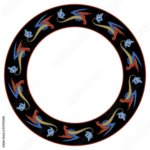 Isolated vector illustration. Round vintage decor, frame or texture with silhouettes of fantastic medieval dragons. Gothic illuminated manuscript motif. Folk style.