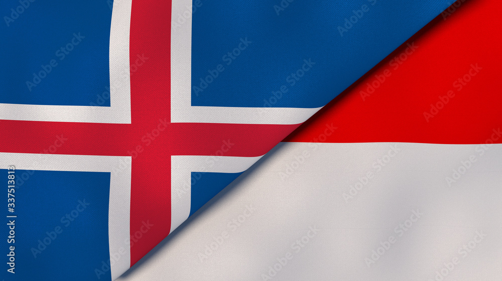 Obraz premium The flags of Iceland and Indonesia. News, reportage, business background. 3d illustration
