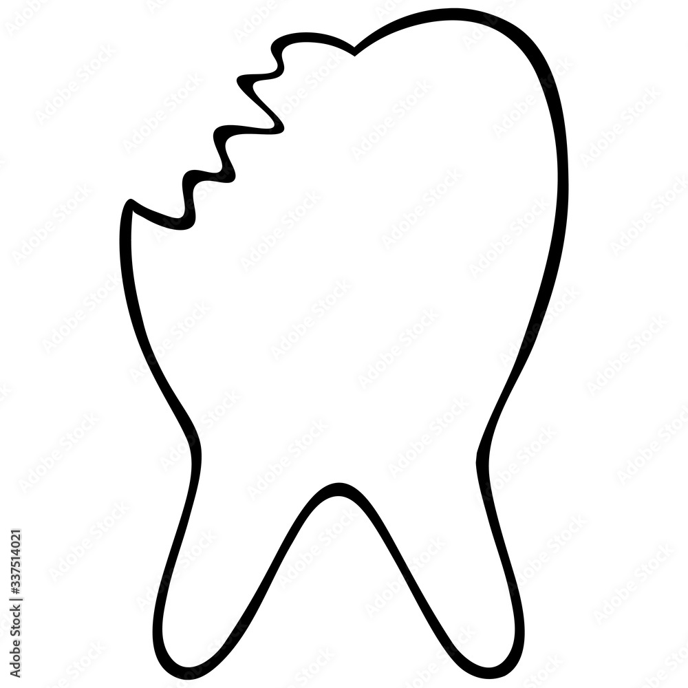 Obraz premium Broken tooth icon. Vector illustration. Contour on an isolated background. Dental care. Medical topics. Sketch. Doodle style. Hand-drawn. Illustration for web design.
