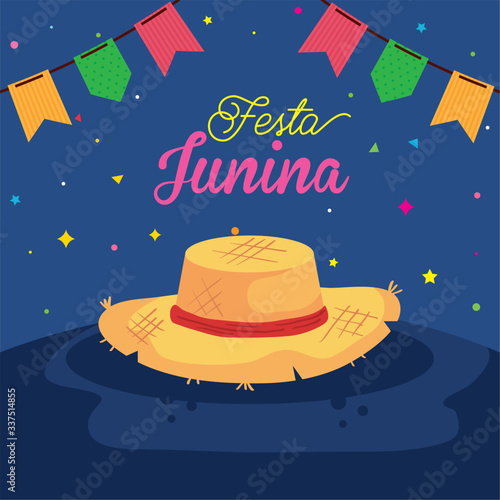 fiesta junina poster with hat wicker and decoration design