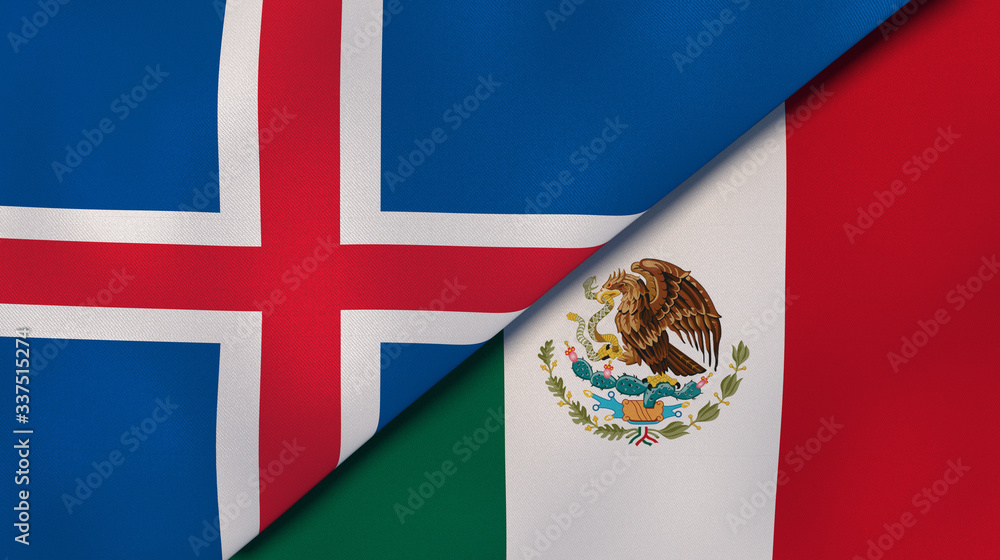 The flags of Iceland and Mexico. News, reportage, business background. 3d illustration