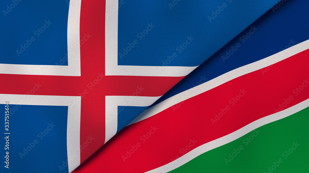 Fototapeta premium The flags of Iceland and Namibia. News, reportage, business background. 3d illustration