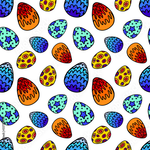 Painted eggs on white backdrop. Easter seamless pattern for apparel, wallpaper, wrap paper, sleeper, bath tile or bed linen. Phone case or cloth print art. Drawn style stock vector illustration