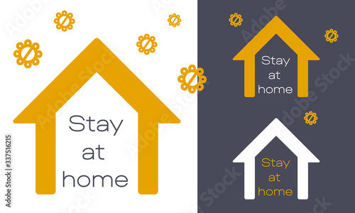 Stay at home text on white and grey backdrop. Sticker set for social banner, propaganda poster, social network warning, info card. Web article or civil warning. Minimal style stock vector illustration