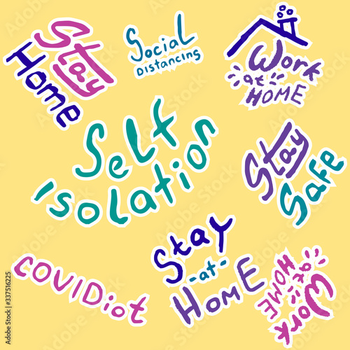 Stay at home text on yellow backdrop. Self isolation for social banner, medical or propaganda poster, social network warning, info card, cloth print. Minimal style stock vector illustration