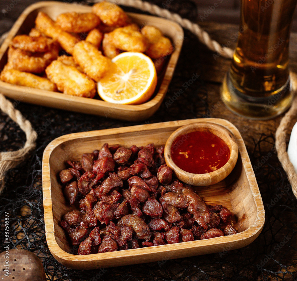 fried meat with sweet chili and pigtail cheese fried meat with sweet chili and pigtail cheese