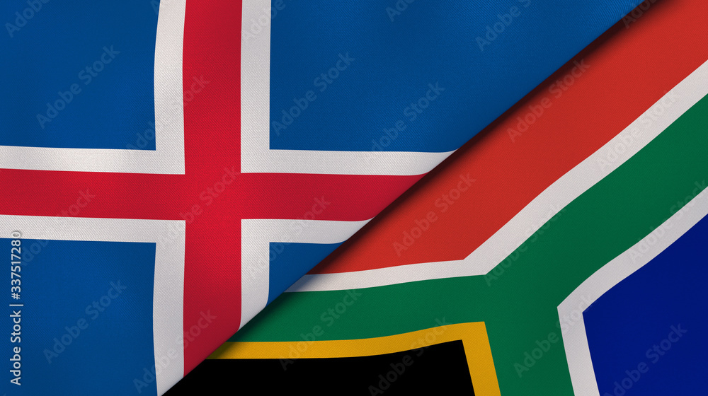 The flags of Iceland and South Africa. News, reportage, business background. 3d illustration