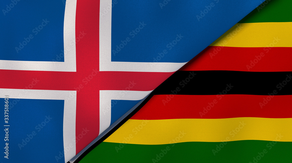 Fototapeta premium The flags of Iceland and Zimbabwe. News, reportage, business background. 3d illustration