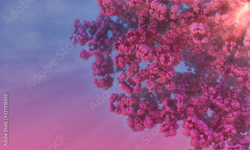 Cherry Blossom Branch in the sunshine, against the sky. 3d illustration