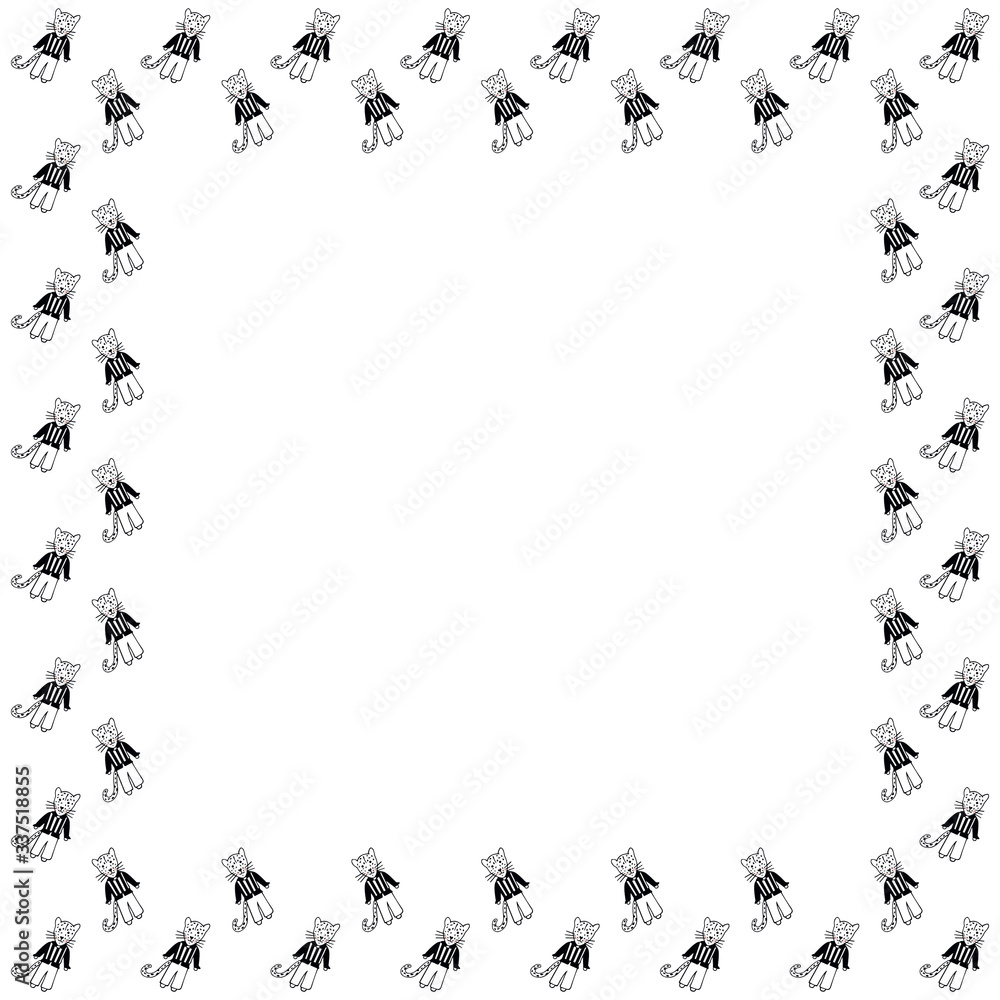 Obraz premium A square isolated frame of hand-drawn leopards with rosy cheeks in striped vests, black shirts and trousers on a white background. Children's template with place for text in scandinavian style. Vector