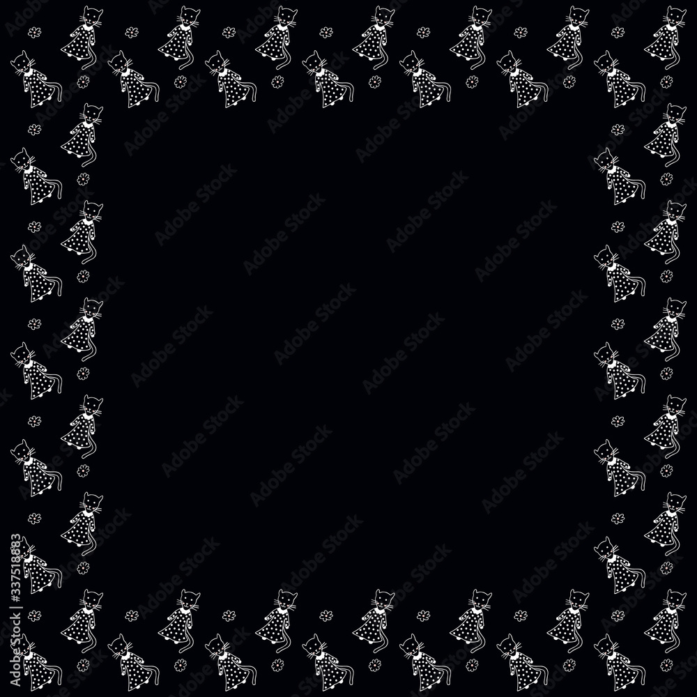 Square children's frame from white contour girls of lynxes with rosy cheeks in long dresses with polka dots and abstract daisy flowers on a black background. Template with empty place for text. Vector Square children's frame from white contour girls of lynxes with rosy cheeks in long dresses with polka dots and abstract daisy flowers on a black background. Template with empty place for text. Vector