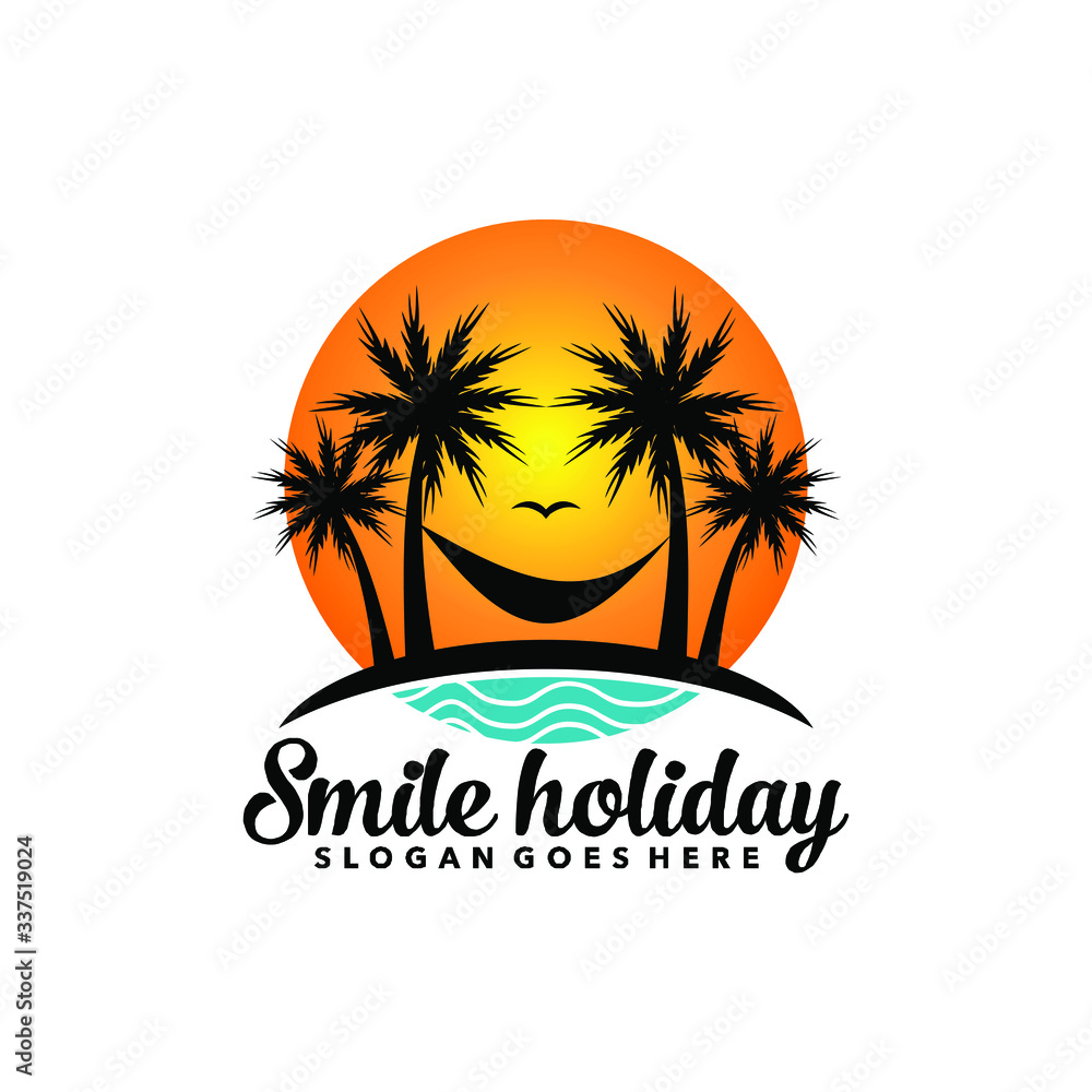 smile holiday sunset with palm trees logo design