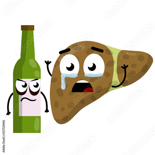 Bad liver. Sad internal organ of a person. Alcohol beer character. Emotions tears. Disease and cause. Funny cartoon flat illustration. Health care and medicine