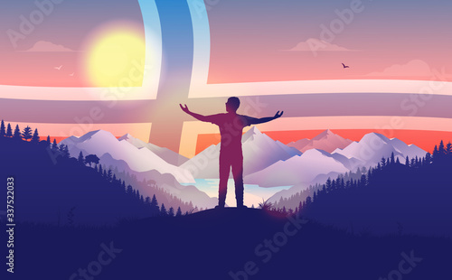 Norway patriotic landscape. Man with armes raised looking at the horizon with Norwegian flag in sky. 17. may concept, noways national constitution day. Vector illustration.