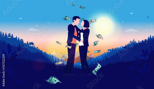 Financial freedom couple - Two people standing in nature with sunrise in background while it is raining money. Metaphor for economic freedom, rich, wealth, and planning for the future. Vector.