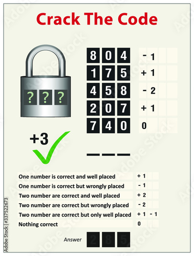 Crack the code. Math and brain game. Number puzzle game (with the answer) vector illustration. 