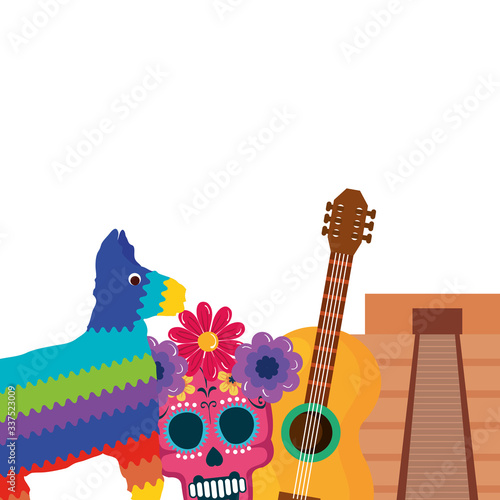 Mexican pinata skull guitar and pyramid design, Mexico culture tourism landmark latin and party theme Vector illustration