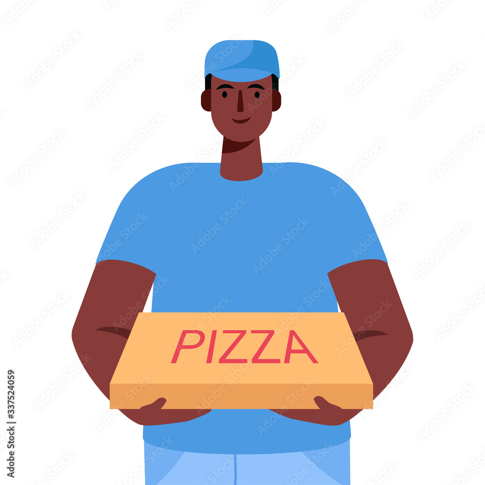 Pizza delivery man holding cardboard box with pizza inside Delivery order. Fast courier. Restaurant food service. Vector illustration in cartoon flat style