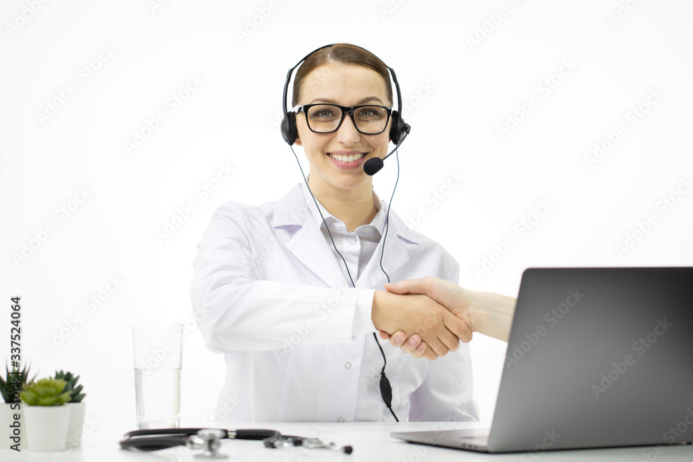 Smart doctor with headset gives online consultation for patient on computer, video call support consulting with female nurse using laptop, healthcare concept. Isolated white background, copy space Smart doctor with headset gives online consultation for patient on computer, video call support consulting with female nurse using laptop, healthcare concept. Isolated white background, copy space