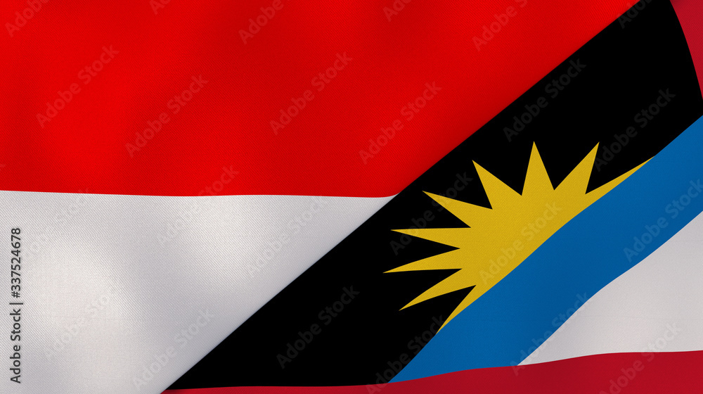 Naklejka premium The flags of Indonesia and Antigua and Barbuda. News, reportage, business background. 3d illustration