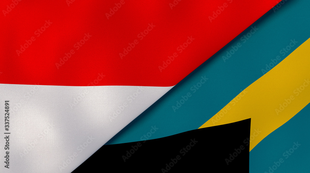The flags of Indonesia and Bahamas. News, reportage, business background. 3d illustration