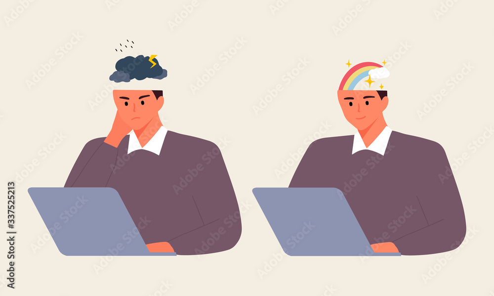 illustration of man sitting working on laptop with mental state and emotions in bad mood and good mood flat vector cartoon character illustration