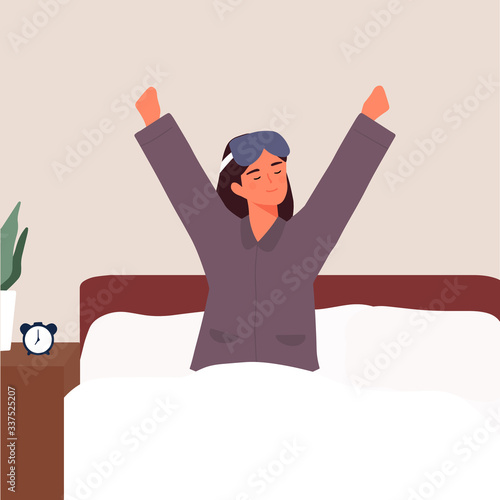 woman wake up in the morning using blindfold background flat vector cartoon character illustration 