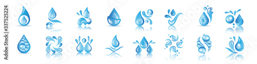 Water Splash Vector And Drop Set - Isolated On White. Vector Collection Of Flat Water Splash and Drop Logo. Icons For Droplet, Water Wave, Rain, Raindrop, Company Logo And Bubble Design