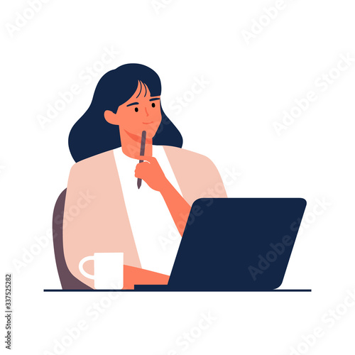 smiling woman sitting at the cafe with coffee and laptop holding a pen and think idea cartoon character illustration 