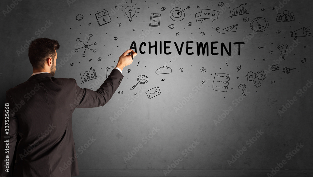 businessman drawing a creative idea sketch with ACHIEVEMENT inscription, business strategy concept businessman drawing a creative idea sketch with ACHIEVEMENT inscription, business strategy concept