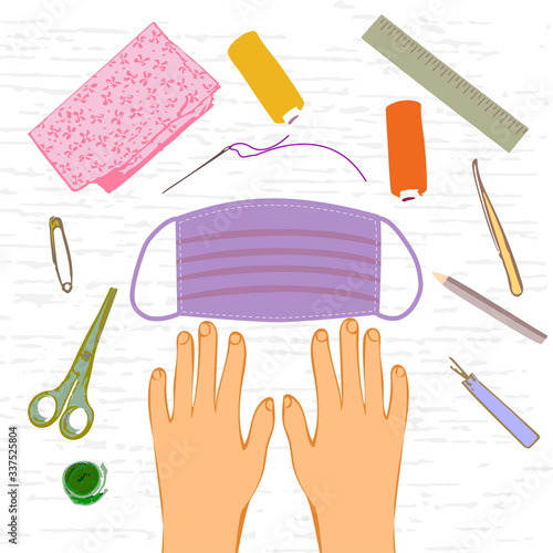 Workshop on sewing a medical face protective mask. Handwork at home. 