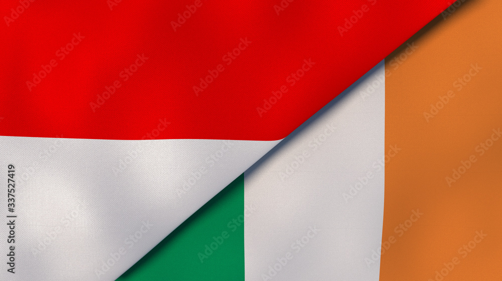 The flags of Indonesia and Ireland. News, reportage, business background. 3d illustration