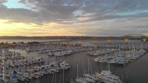 Fly-over of Westhaven marina, Auckland, New Zealand photo