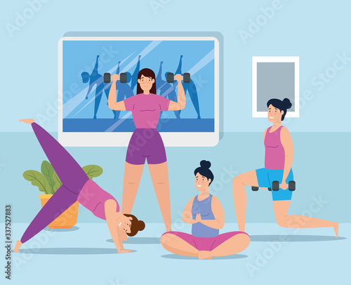 group of women home workout vector illustration design