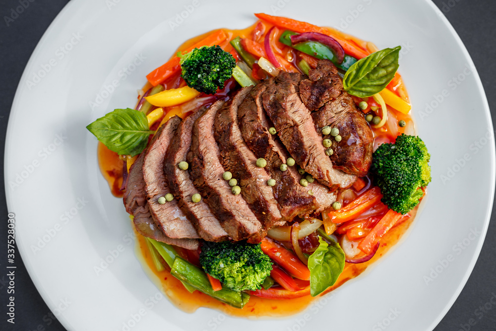 beautiful dishes with beef peas and vegetables, healthy food