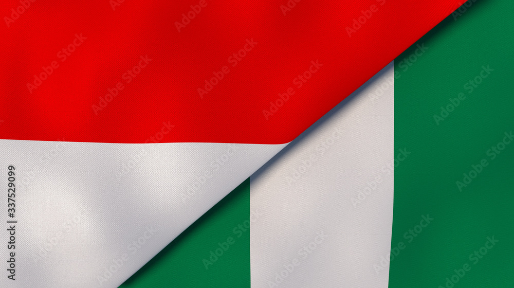 The flags of Indonesia and Nigeria. News, reportage, business background. 3d illustration
