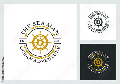 nautical, marine, sail, wheel logo design in vintage style