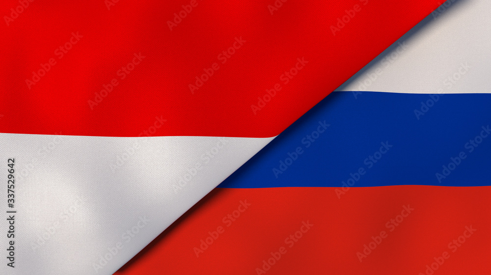 Naklejka premium The flags of Indonesia and Russia. News, reportage, business background. 3d illustration